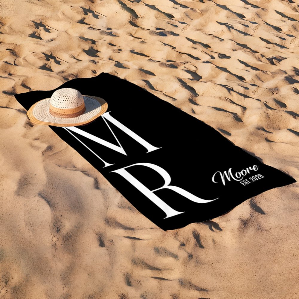 Personalized Monogram Beach Towel with Family Name & Established Year Custom Black Beach Towel