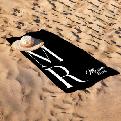 Personalized Monogram Beach Towel with Family Name & Established Year Custom Black Beach Towel