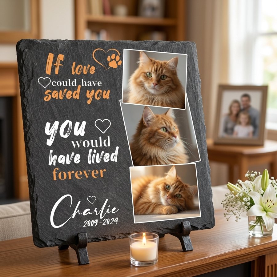 Personalized Cat Memorial Stone with Photo Collage, Custom Pet Grave Marker for Outdoor Tribute