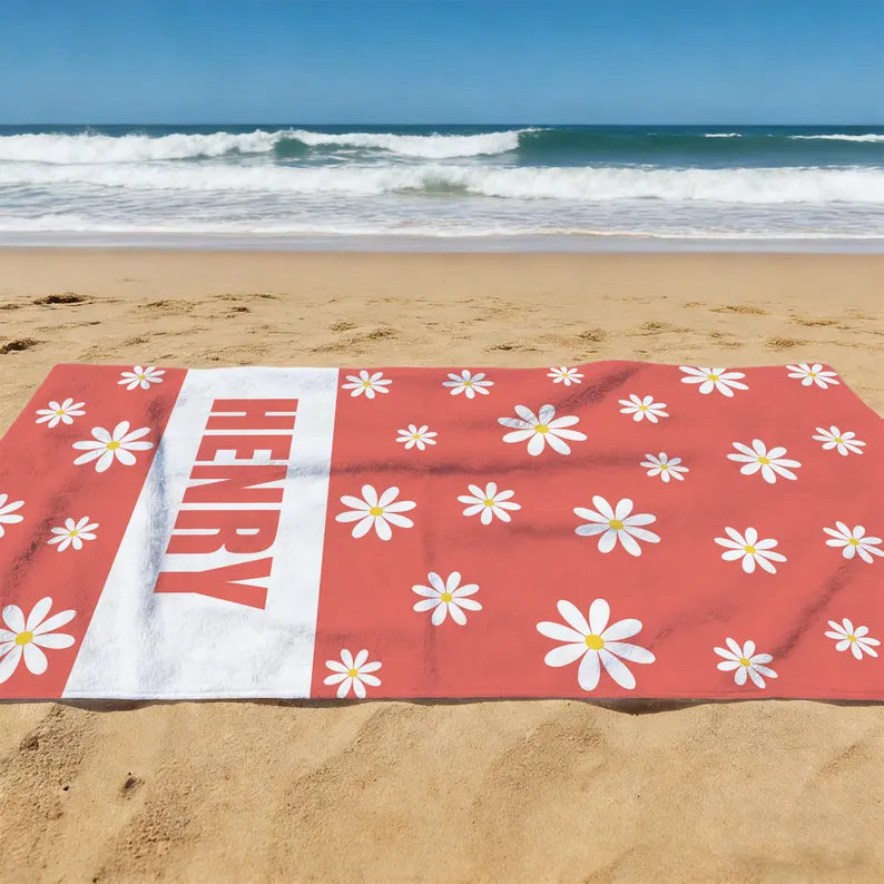 Personalized Daisy Beach Towel, Custom Name Summer Pool Towel, Pastel Floral Sand-Free Bath Towel
