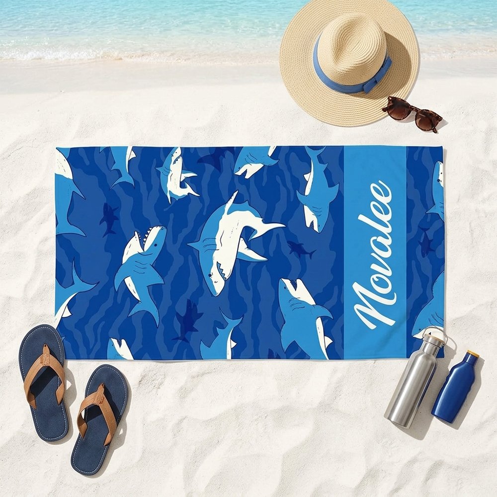 Personalized Shark Beach Towel with Name, Blue Ocean Custom Towel for Kids, Pool, Beach, and Travel