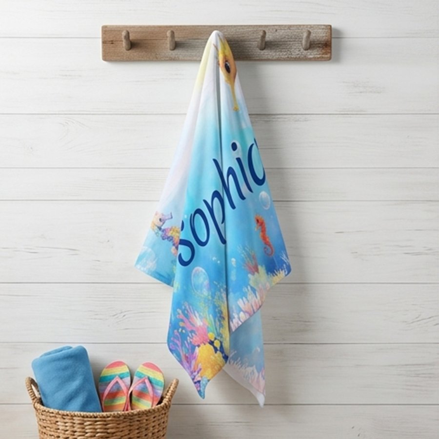 Personalized Seahorse Beach Towel, Custom Name Kids Summer Pool Towel, Ocean Animal Sand-Free Towel