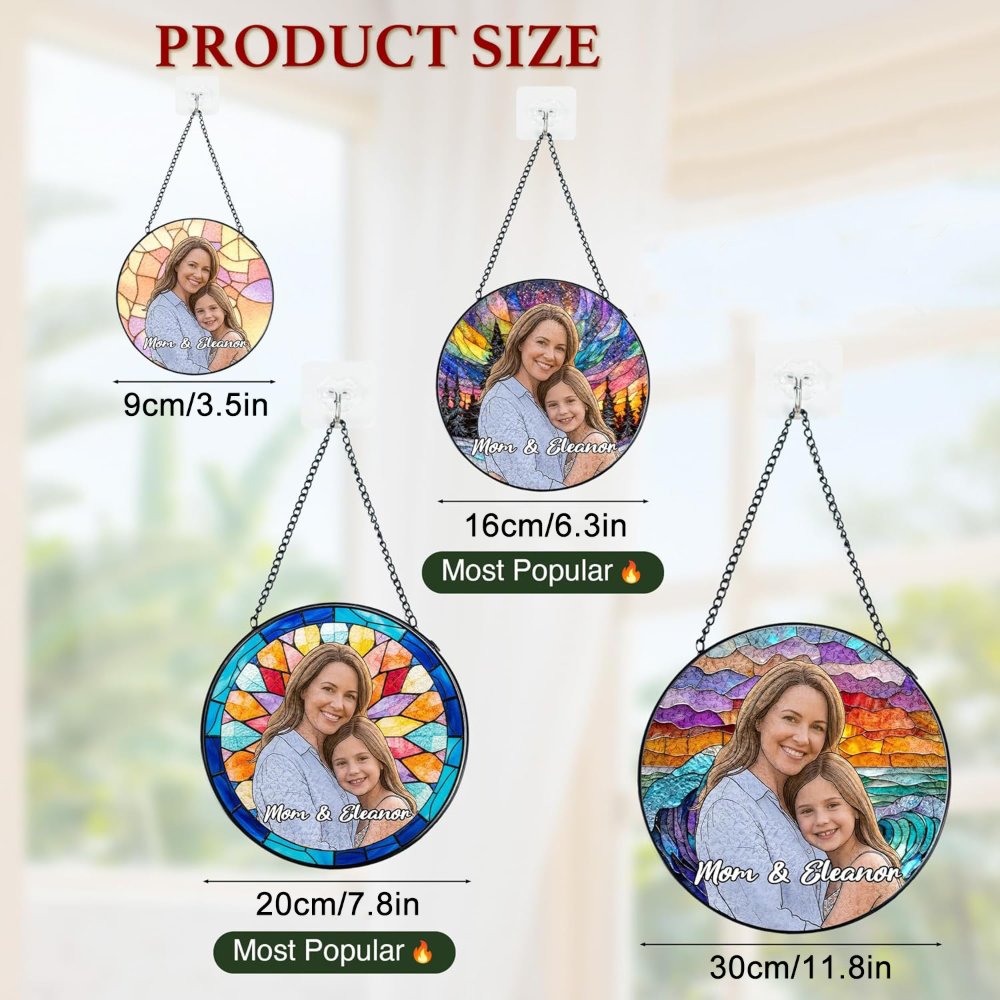 Personalized Photo Mom Suncatcher, Custom Stained Glass Window Hanging with Text