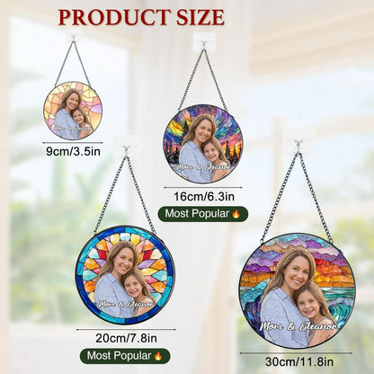 Personalized Photo Mom Suncatcher, Custom Stained Glass Window Hanging with Text