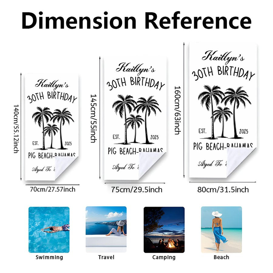 Custom Birthday Beach Towel Personalized Name & Age Beach Vacation Towel - Tropical Palm Tree Custom Year Gift