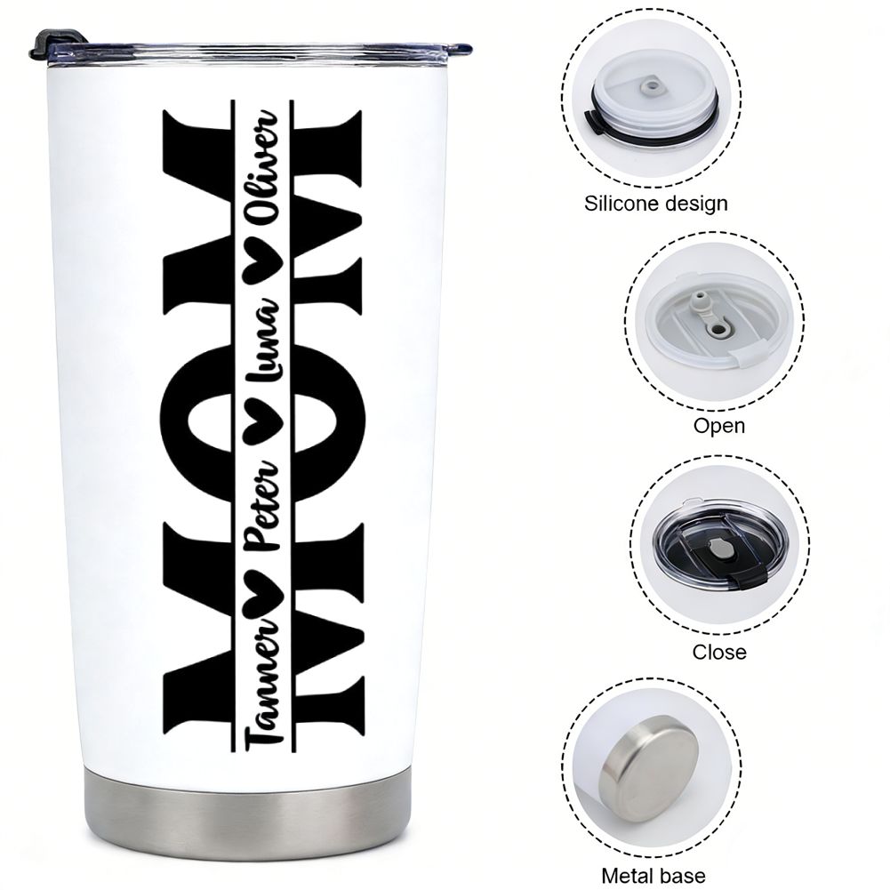 Personalized MOM Tumbler with Kids Names, Custom Name Vertical Design Mother's Day Gift - 20oz