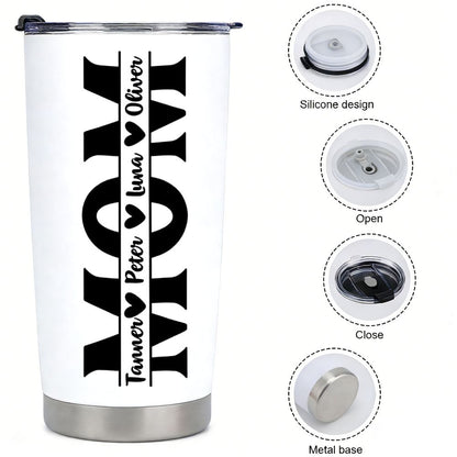 Personalized MOM Tumbler with Kids Names, Custom Name Vertical Design Mother's Day Gift - 20oz