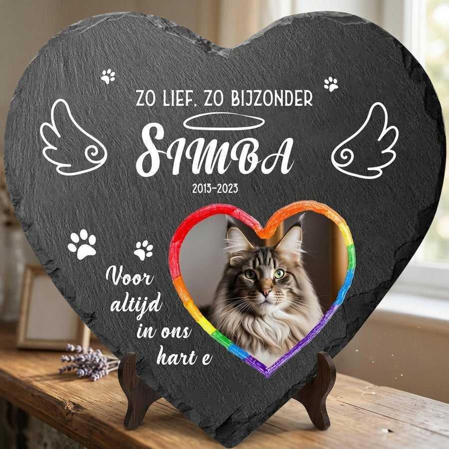 Personalized Heart Pet Memorial Stone with Photo, Custom Cat Grave Marker, Rainbow Heart Design