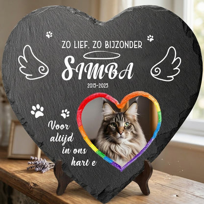 Personalized Heart Pet Memorial Stone with Photo, Custom Cat Grave Marker, Rainbow Heart Design