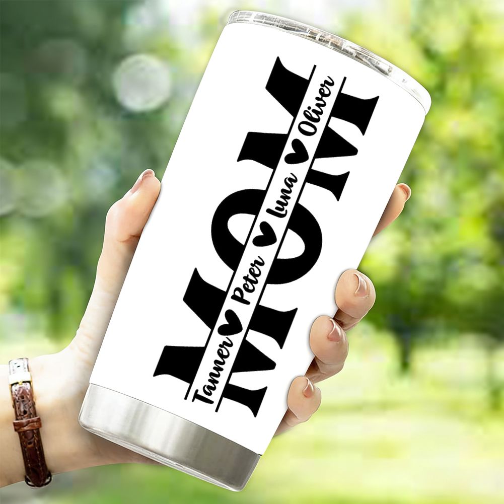 Personalized MOM Tumbler with Kids Names, Custom Name Vertical Design Mother's Day Gift - 20oz