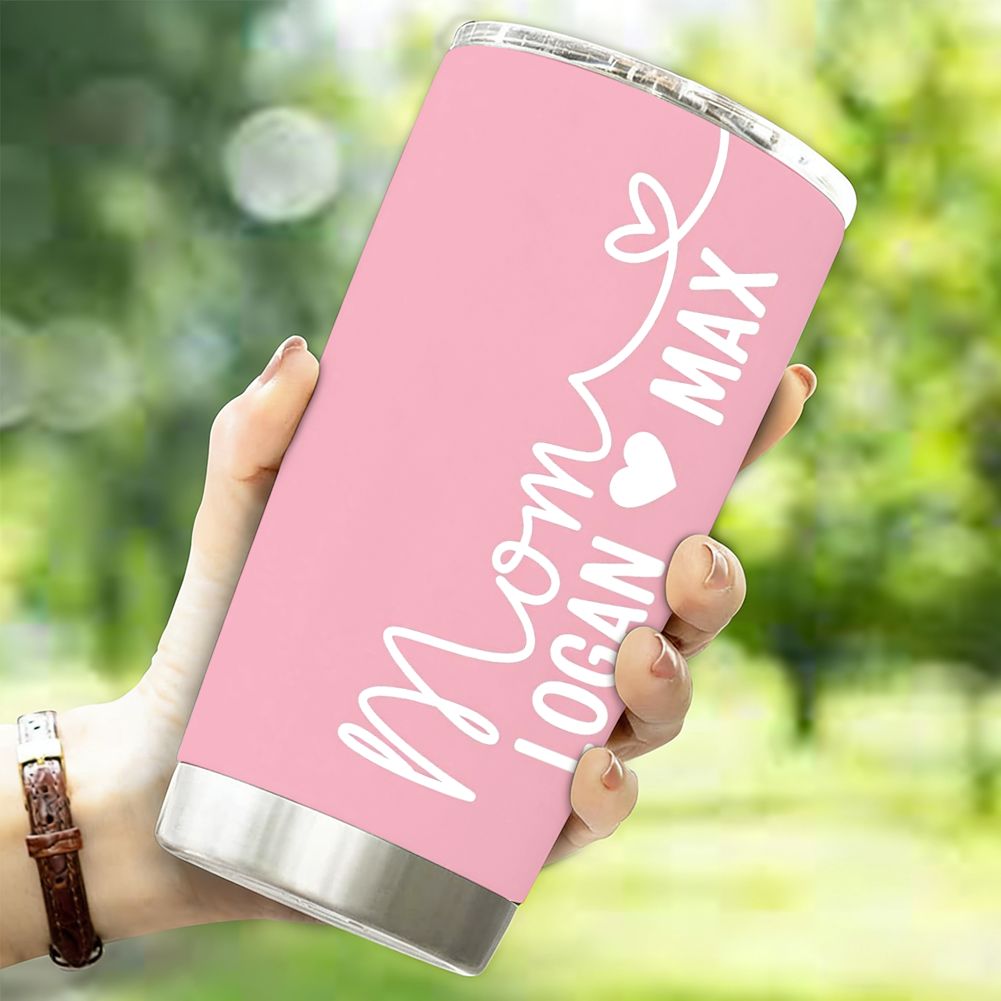 Personalized Mom Tumbler with Kids Names, Custom Pink Mother's Day Gift - 20oz