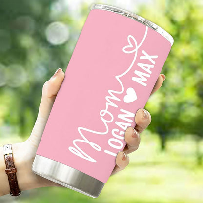Personalized Mom Tumbler with Kids Names, Custom Pink Mother's Day Gift - 20oz