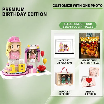 Custom Birthday Brick Figure Set - Personalized Photo Building Block Doll with Picture Frame Gift