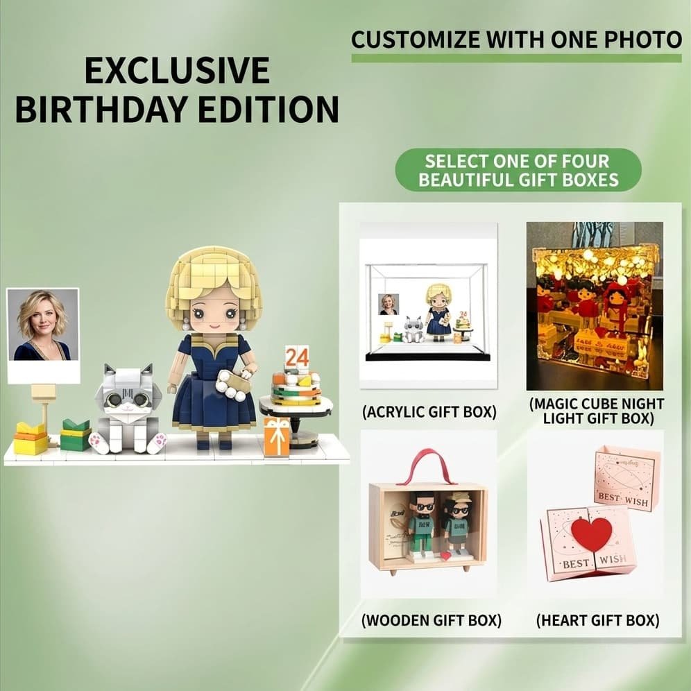 Custom Birthday Brick Figure with Pet, Personalized Building Block Gift Set for Cat Lovers