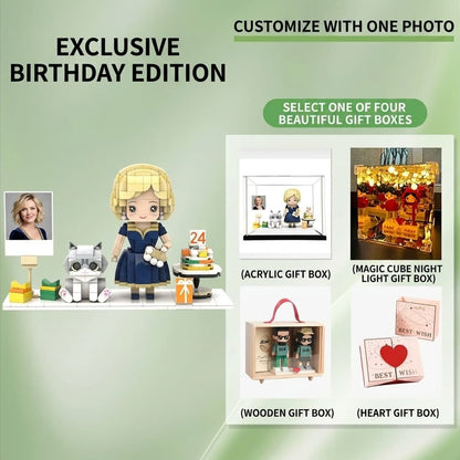 Custom Birthday Brick Figure with Pet, Personalized Building Block Gift Set for Cat Lovers