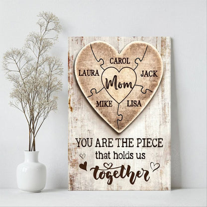 Personalized Mom Puzzle Heart Canvas – Custom Family Names Mother's Day Gift