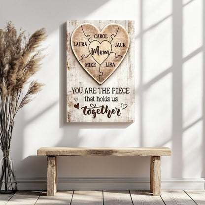Personalized Mom Puzzle Heart Canvas – Custom Family Names Mother's Day Gift