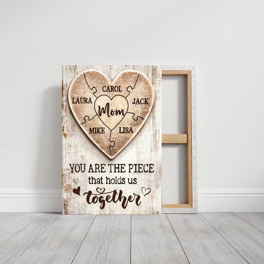 Personalized Mom Puzzle Heart Canvas – Custom Family Names Mother's Day Gift