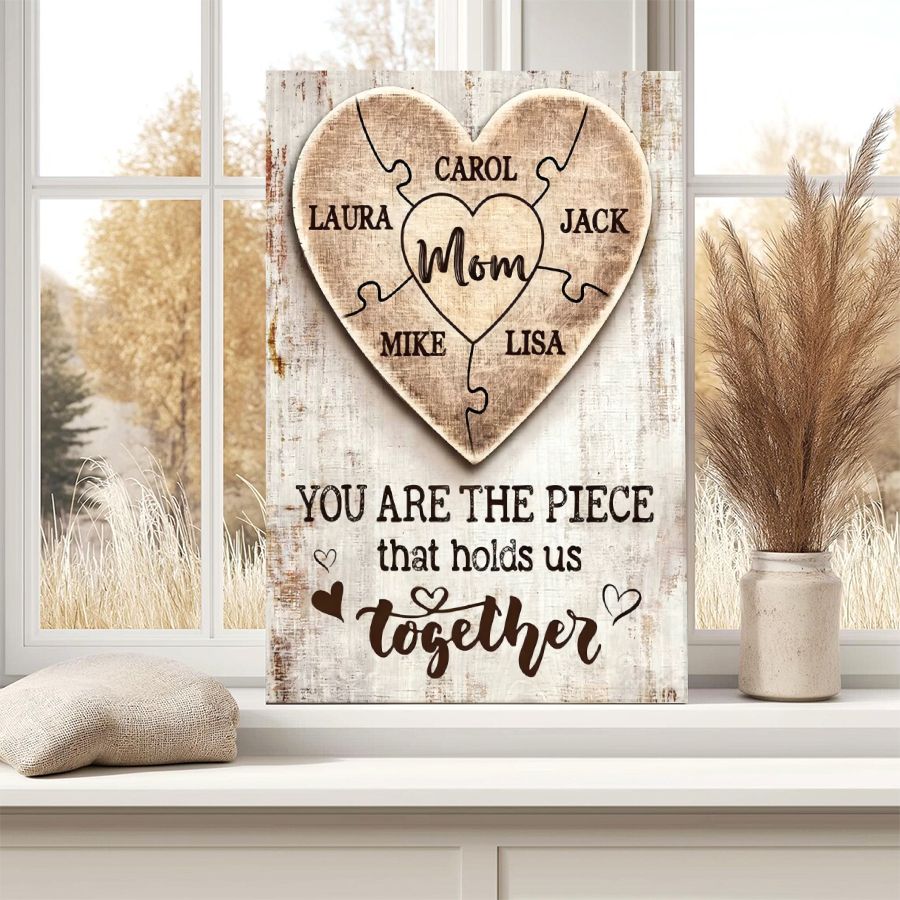 Personalized Mom Puzzle Heart Canvas – Custom Family Names Mother's Day Gift