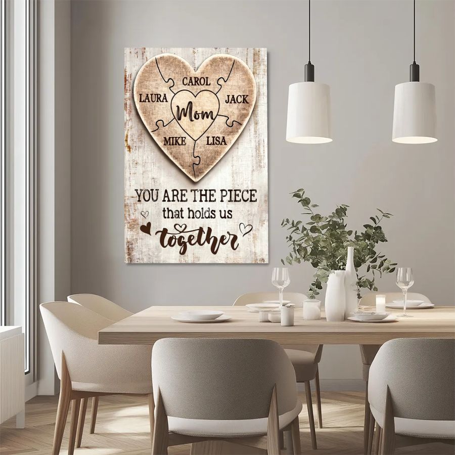 Personalized Mom Puzzle Heart Canvas – Custom Family Names Mother's Day Gift