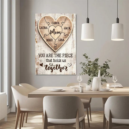 Personalized Mom Puzzle Heart Canvas – Custom Family Names Mother's Day Gift