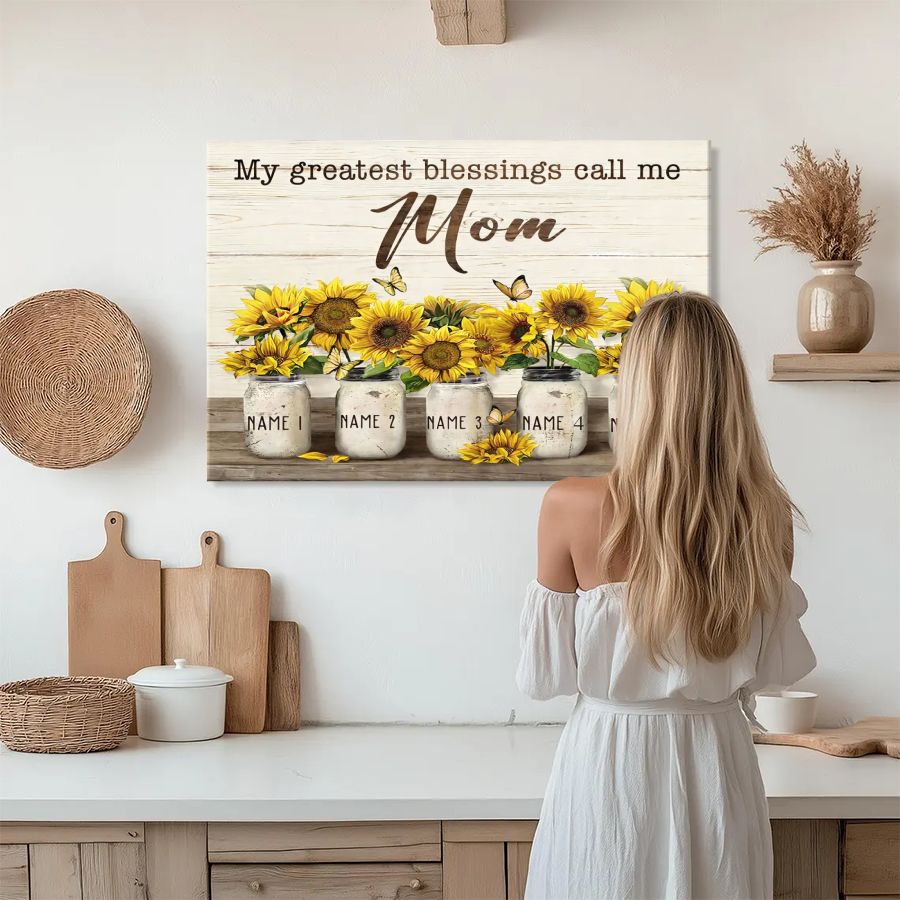 Personalized Sunflower Mom Canvas – Custom Kids Names Mother's Day Gift