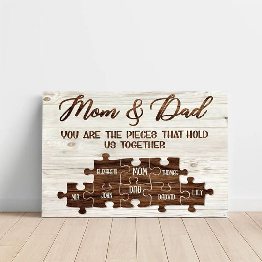 Personalized Mom & Dad Puzzle Canvas – Custom Family Names Wall Art Gift