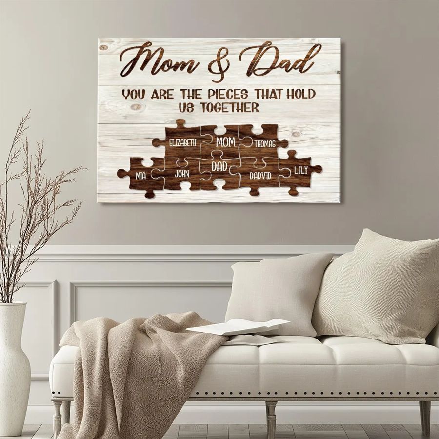 Personalized Mom & Dad Puzzle Canvas – Custom Family Names Wall Art Gift