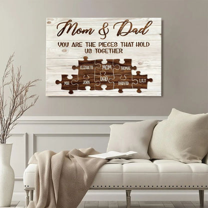 Personalized Mom & Dad Puzzle Canvas – Custom Family Names Wall Art Gift