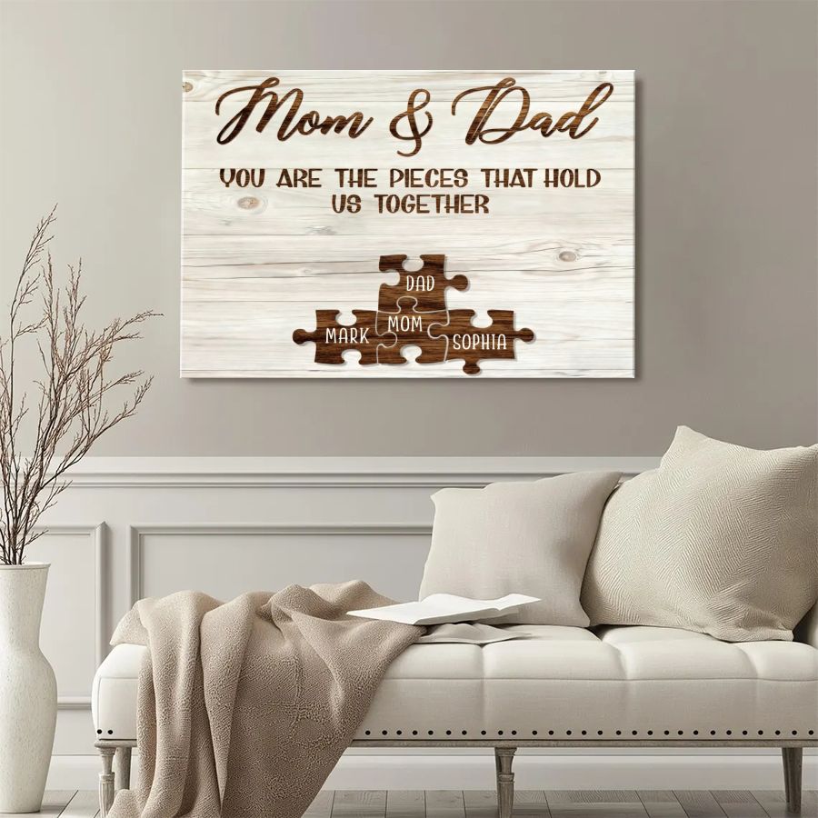 Mom & Dad Personalized Puzzle Canvas – Custom Family Names Wall Art Gift