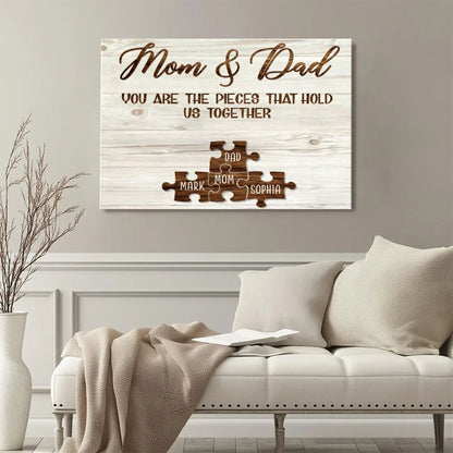 Mom & Dad Personalized Puzzle Canvas – Custom Family Names Wall Art Gift