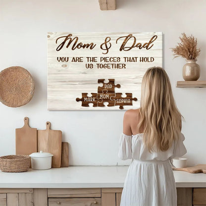 Mom & Dad Personalized Puzzle Canvas – Custom Family Names Wall Art Gift