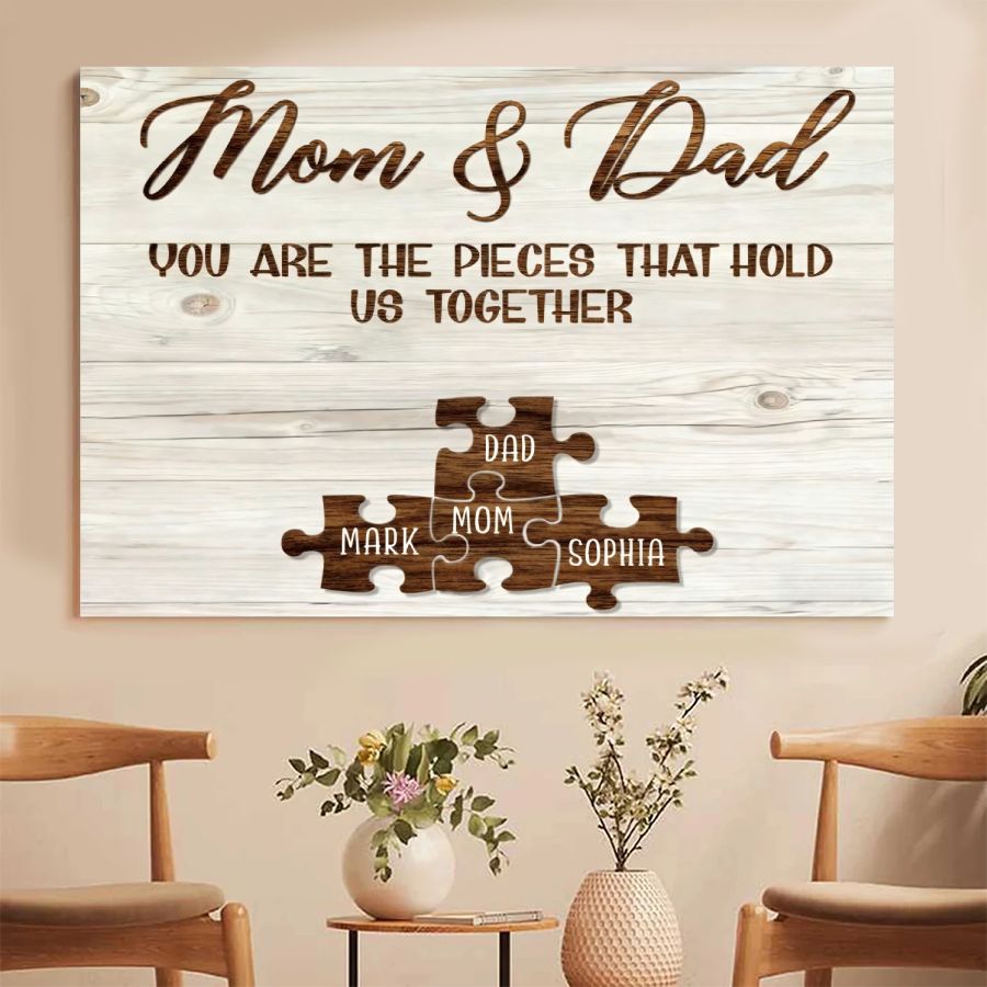 Mom & Dad Personalized Puzzle Canvas – Custom Family Names Wall Art Gift