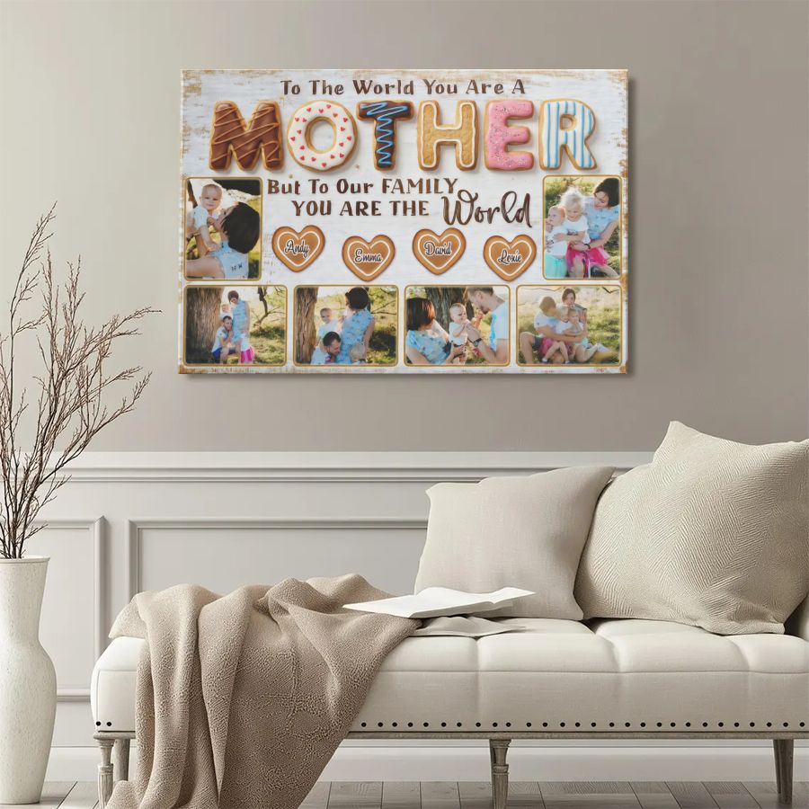 Personalized Mother Canvas Print, Custom Photo Collage Gift for Mom, To The World You Are A Mother Wall Art
