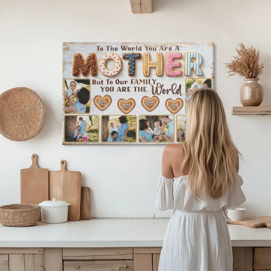 Personalized Mother Canvas Print, Custom Photo Collage Gift for Mom, To The World You Are A Mother Wall Art