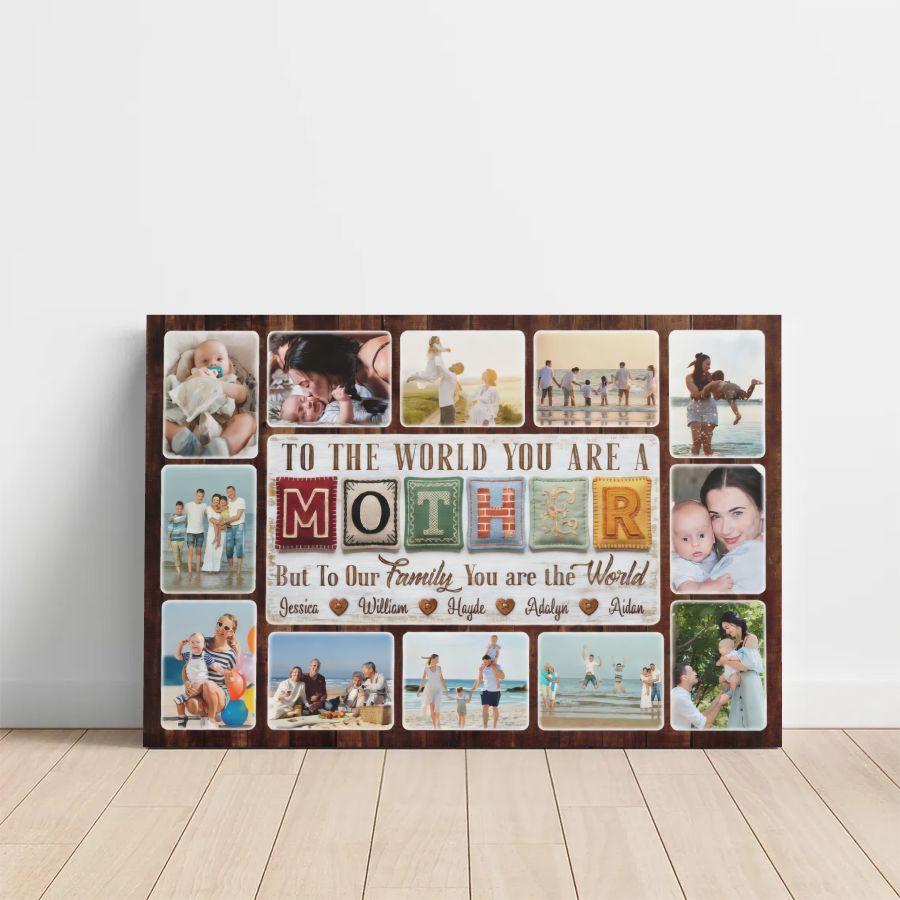 Personalized Mother's Day Canvas, Custom Family Photo Collage Gift for Mom, "To The World You Are The Best Mom" Wall Art