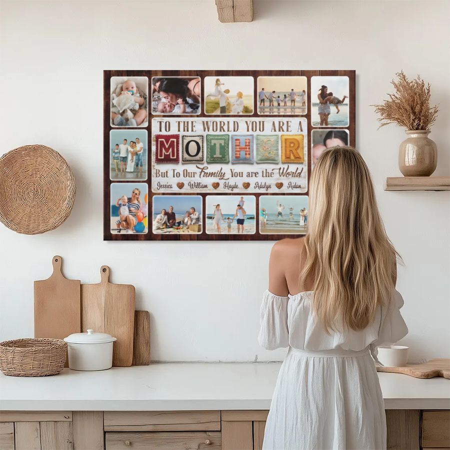 Personalized Mother's Day Canvas, Custom Family Photo Collage Gift for Mom, "To The World You Are The Best Mom" Wall Art