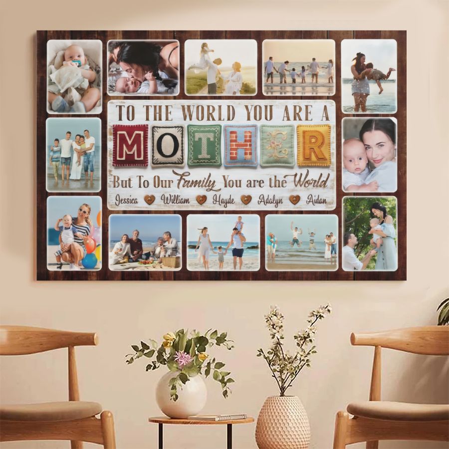 Personalized Mother's Day Canvas, Custom Family Photo Collage Gift for Mom, "To The World You Are The Best Mom" Wall Art