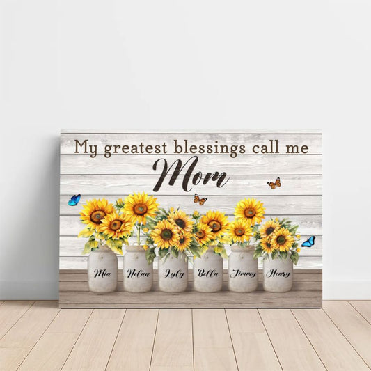 Personalized Mom Sunflower Canvas Print, Custom Kids Names Mason Jar Gift for Mother's Day