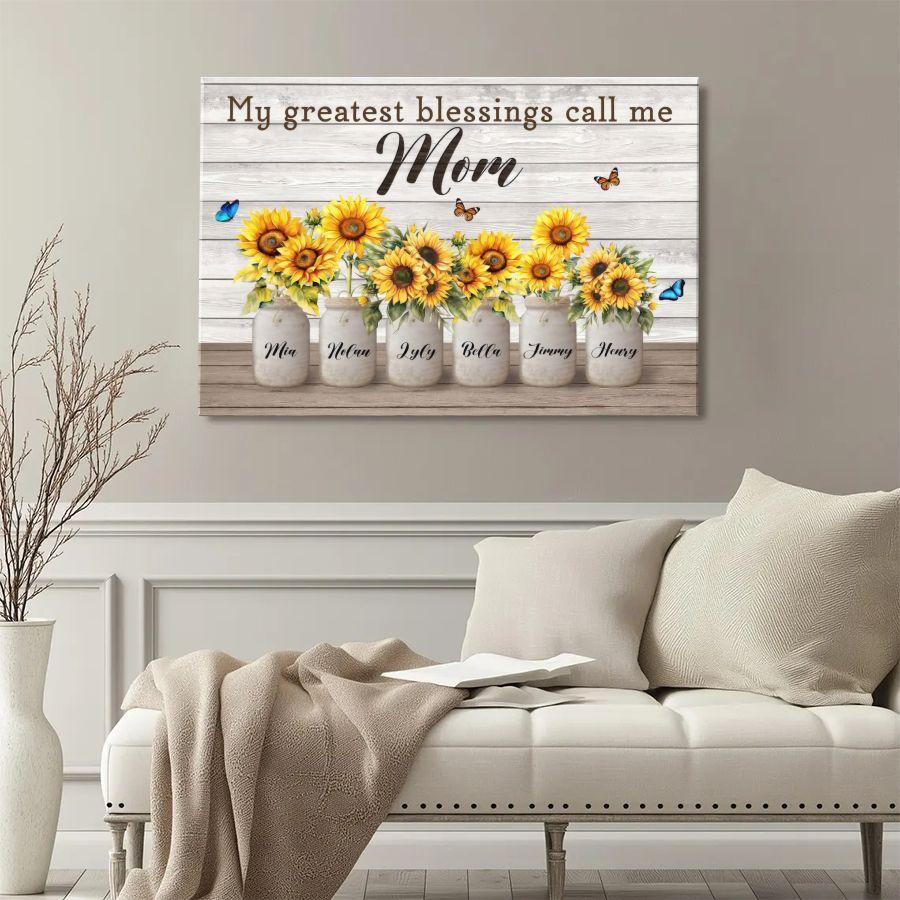 Personalized Mom Sunflower Canvas Print, Custom Kids Names Mason Jar Gift for Mother's Day