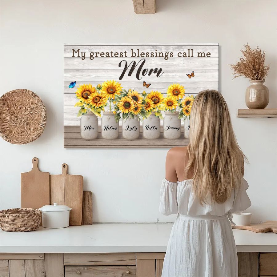 Personalized Mom Sunflower Canvas Print, Custom Kids Names Mason Jar Gift for Mother's Day
