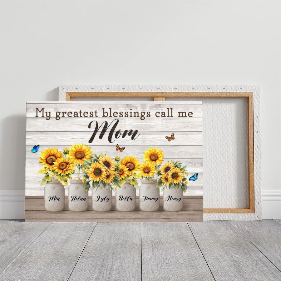 Personalized Mom Sunflower Canvas Print, Custom Kids Names Mason Jar Gift for Mother's Day