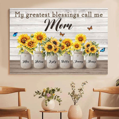 Personalized Mom Sunflower Canvas Print, Custom Kids Names Mason Jar Gift for Mother's Day