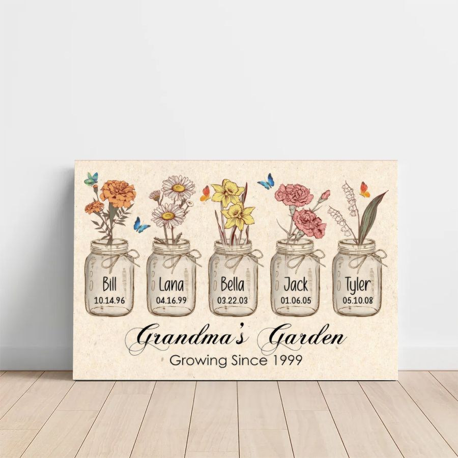 Personalized Grandma's Garden Canvas, Custom Birth Flower Names Gift for Grandma