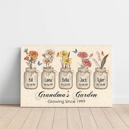 Personalized Grandma's Garden Canvas, Custom Birth Flower Names Gift for Grandma