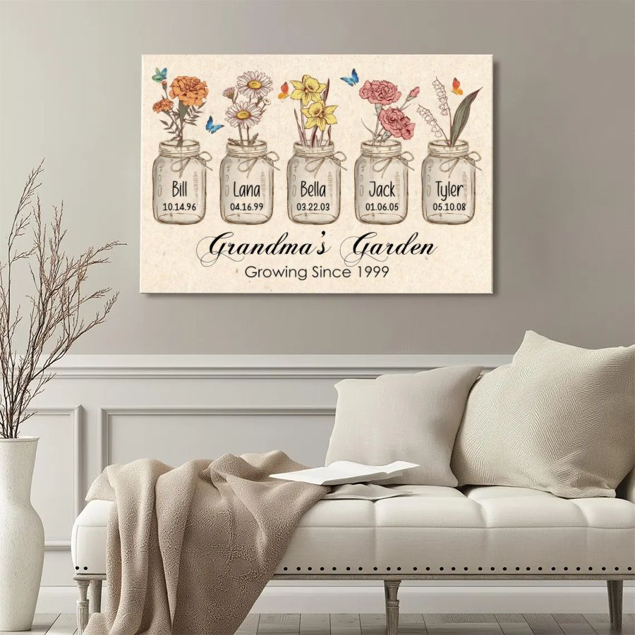 Personalized Grandma's Garden Canvas, Custom Birth Flower Names Gift for Grandma