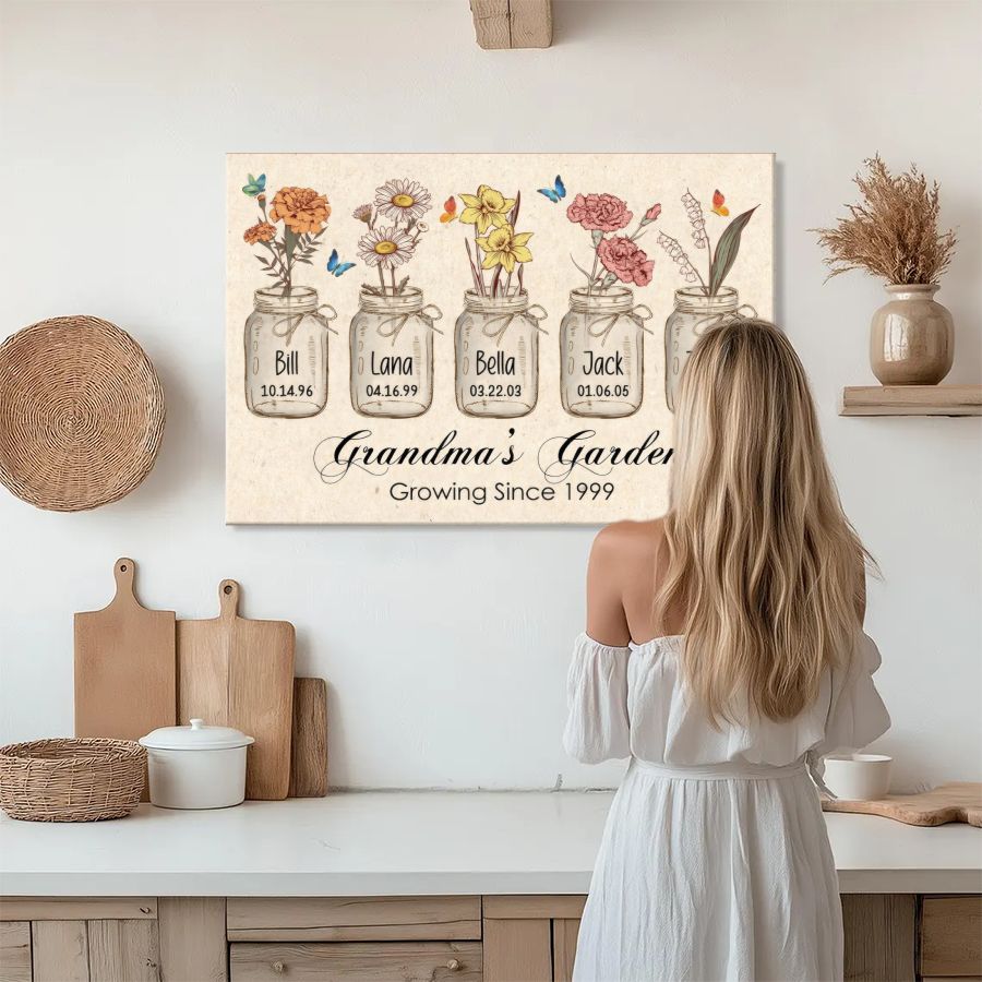 Personalized Grandma's Garden Canvas, Custom Birth Flower Names Gift for Grandma