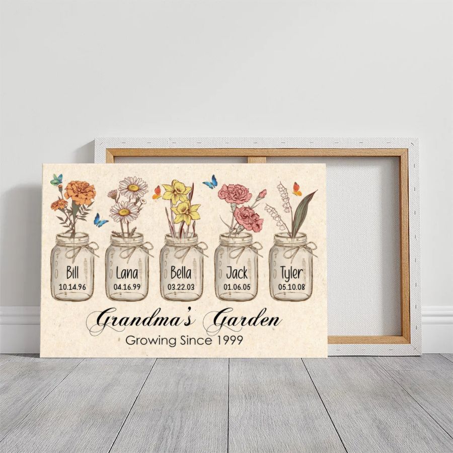 Personalized Grandma's Garden Canvas, Custom Birth Flower Names Gift for Grandma