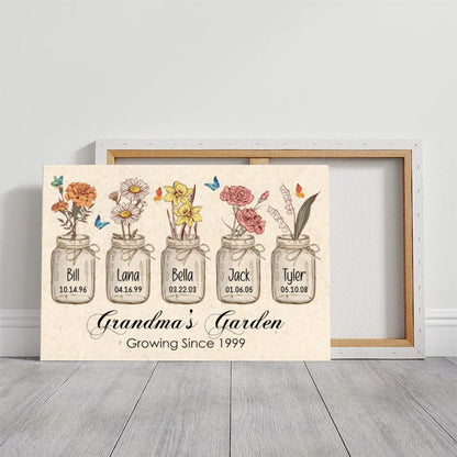 Personalized Grandma's Garden Canvas, Custom Birth Flower Names Gift for Grandma
