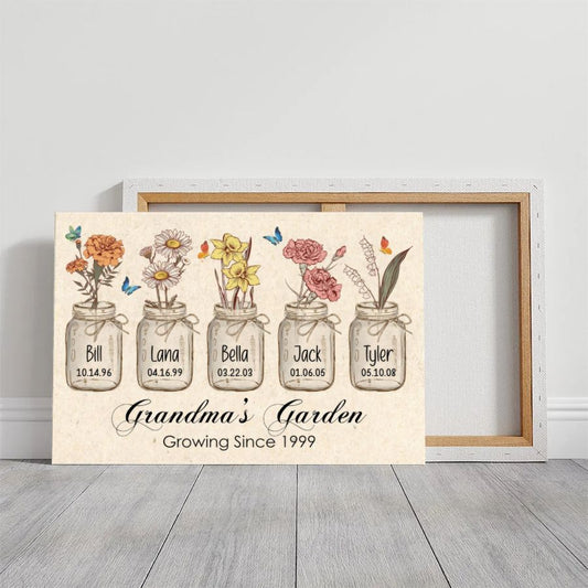 Personalized Grandma's Garden Canvas, Custom Birth Flower Names Gift for Grandma